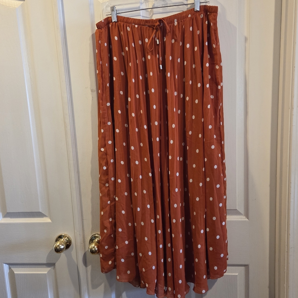 WD.NY Medi Maxi Skirt Pleats Pleated Burnt Orange White Polka Dots XL Bohemian